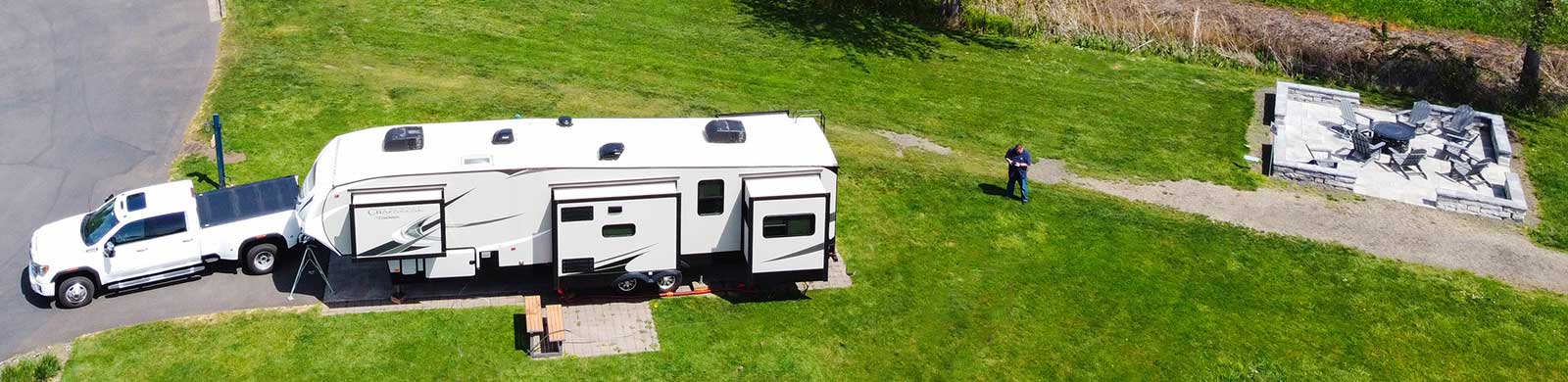 Aerial view of a motorhome taken by a drone flown by our licensed home inspectors